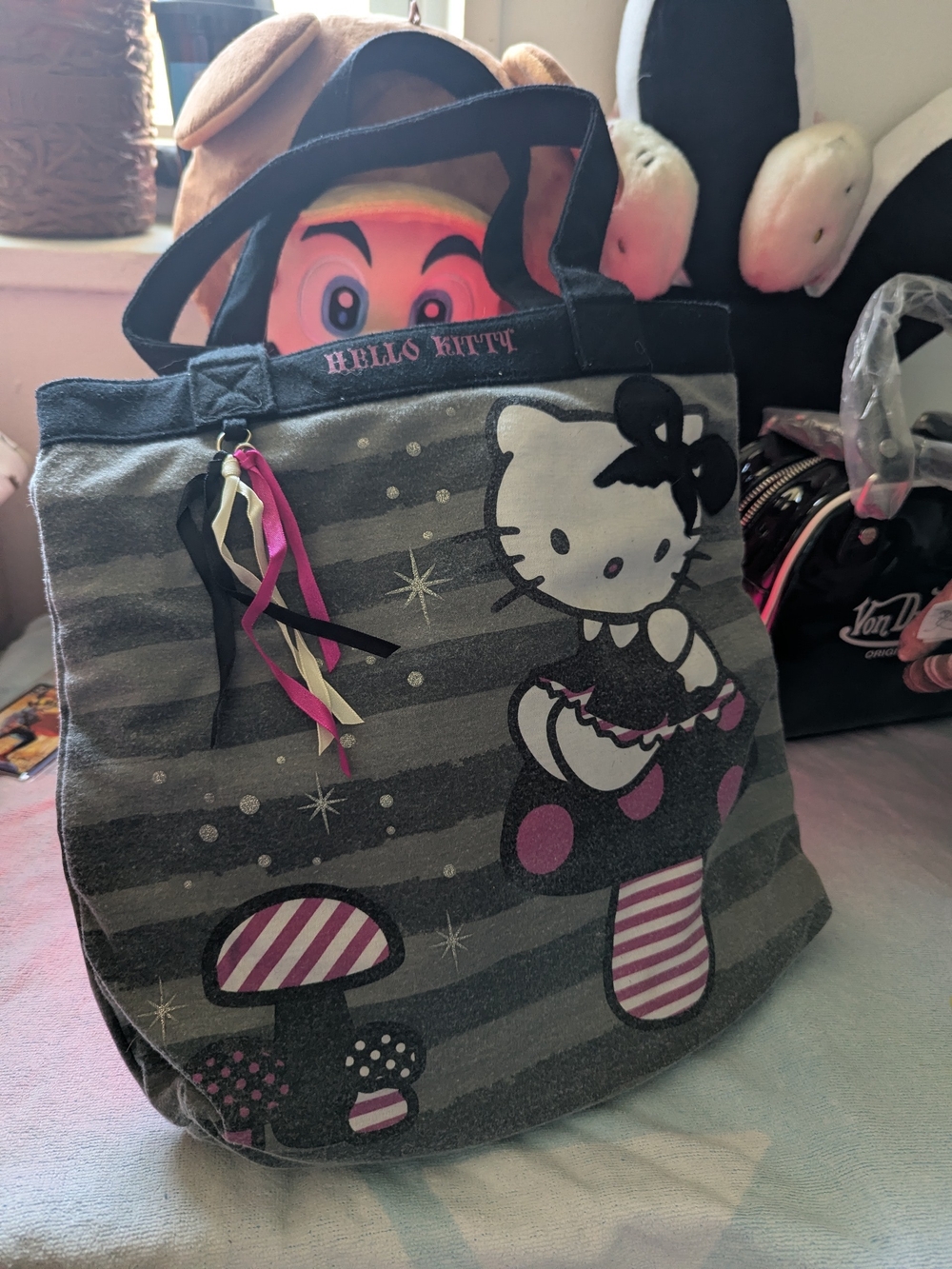 Hello Kitty Grey & Black Graphic Mushroom Tote with Pink Accents